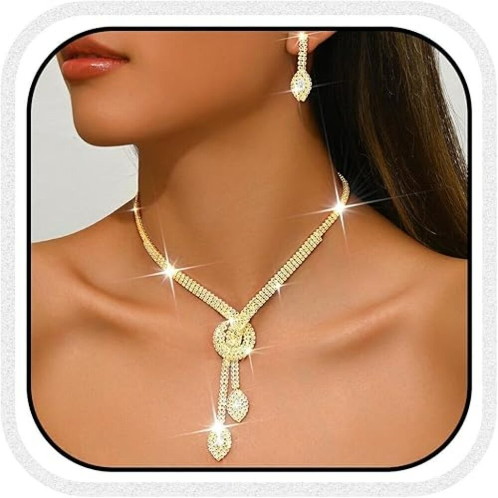 Gold Rhinestone Jewelry Set‎ Crystal Necklace Earrings Classy Fashion Jewelry